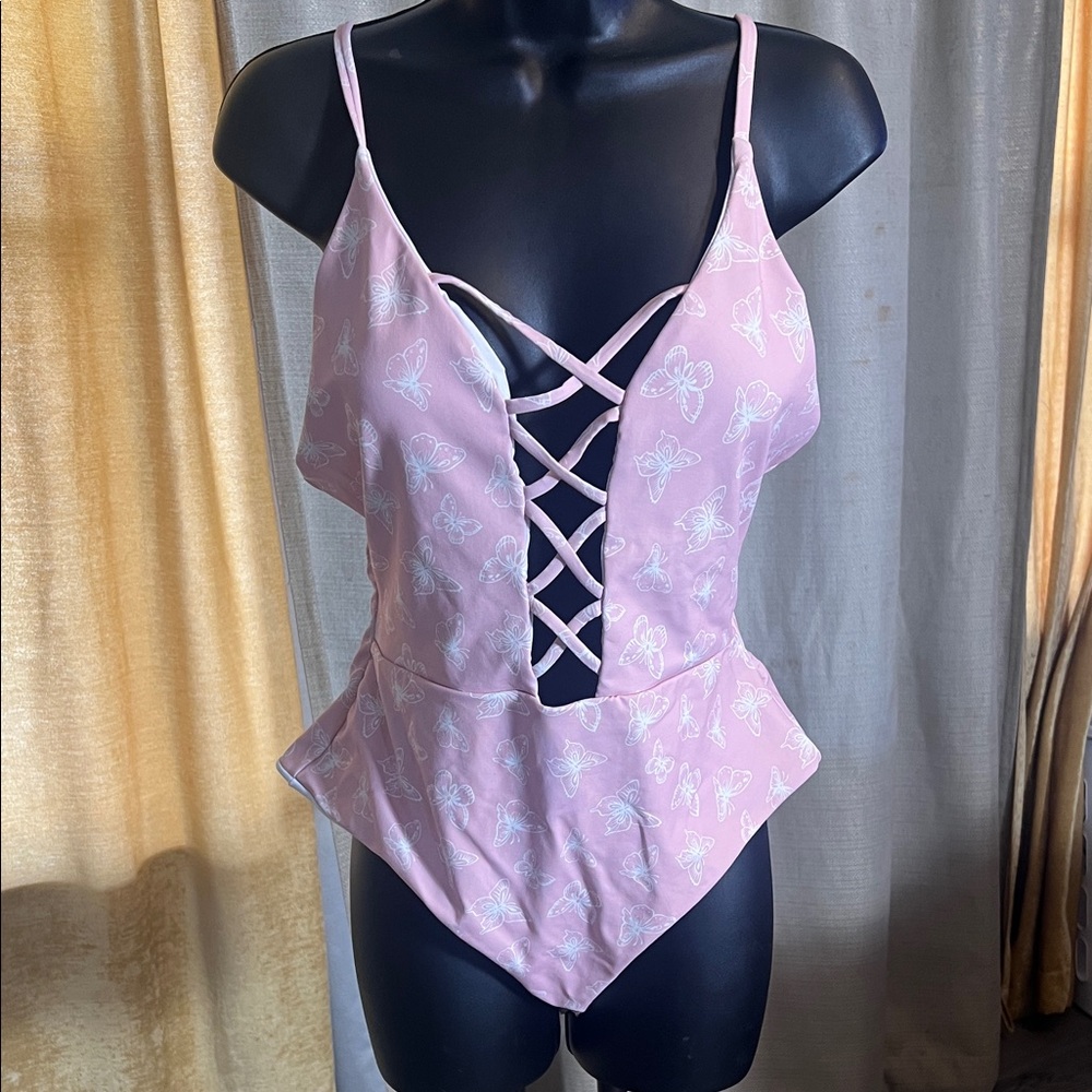 Dippin daisy Pink Butterfly Lace-Up Peplum Bodysuit